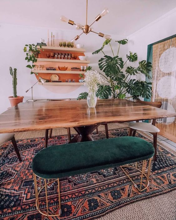 Anchor Your Boho Space with a Live-Edge Table and Rug
