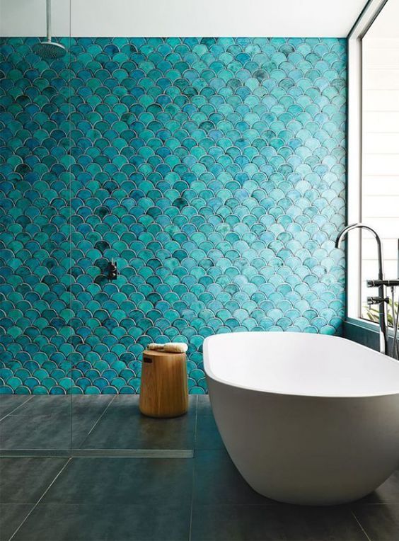 Scalloped Teal Tiles Create a Mermaid-Inspired Feature Wall