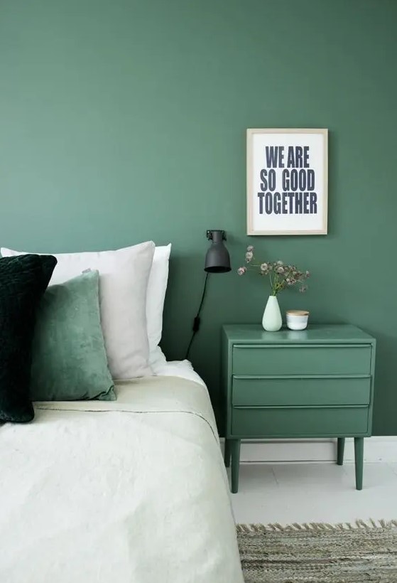 Green Nightstand With Minimalist Decor Adds Color