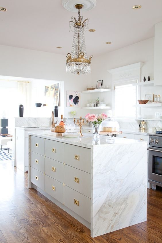 Square Gold Pulls Add a Polished Touch to Light Gray Drawers