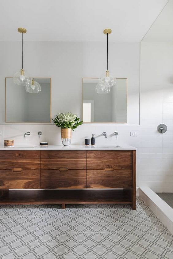 Warm Wood Vanity With Open Base for a Light Feel