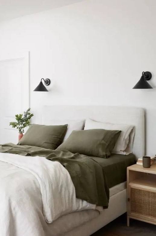 Black Cone Sconces Add Industrial Flair Above Bed