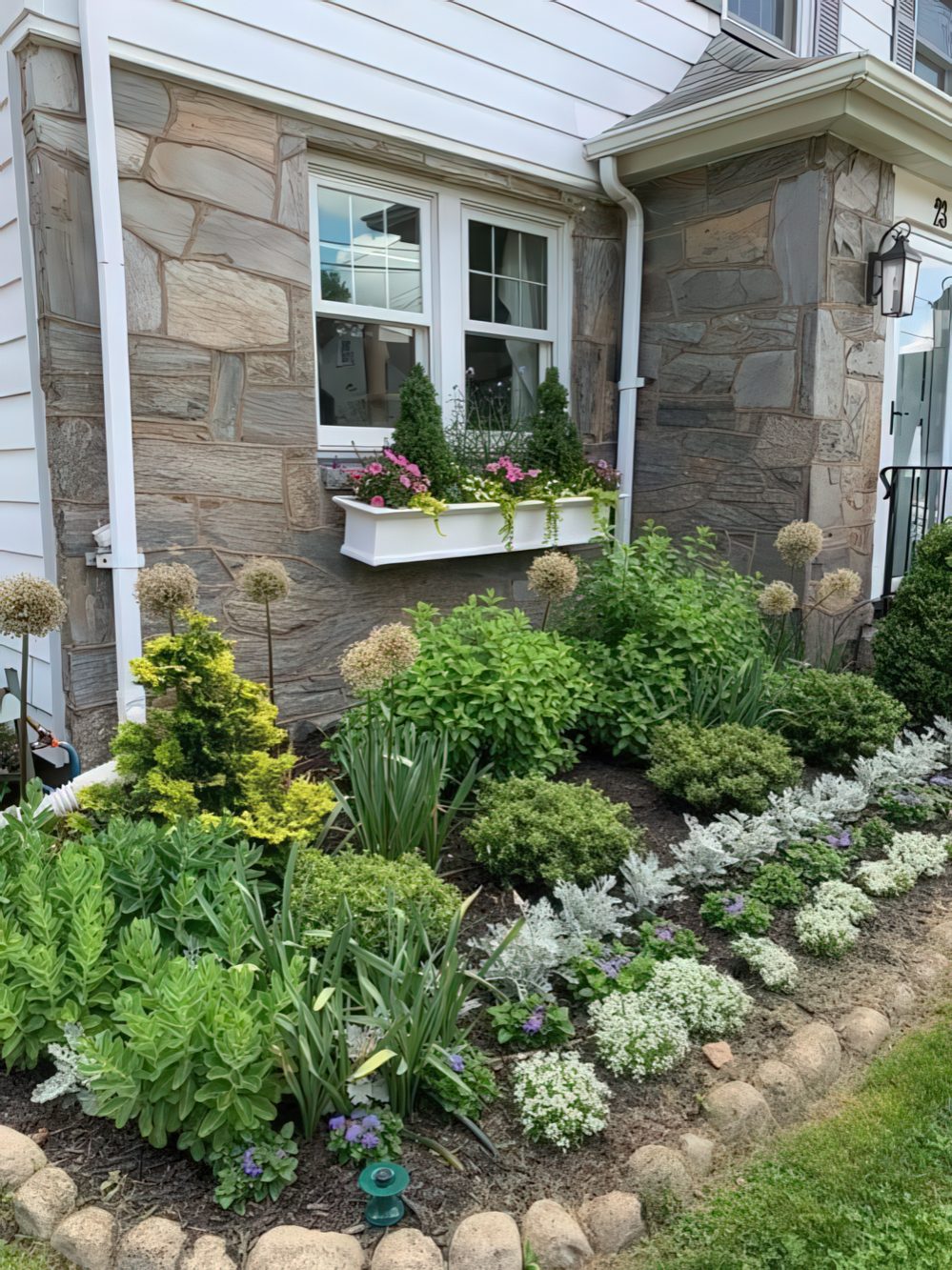 Window Box With Topiaries Adds Vertical Interest