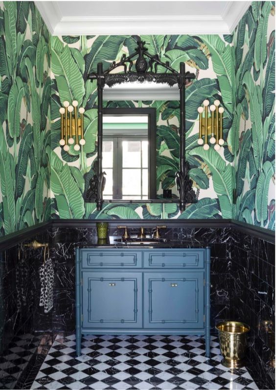 Blue Bamboo-Style Vanity Grounds Bold Banana Leaf Wallpaper