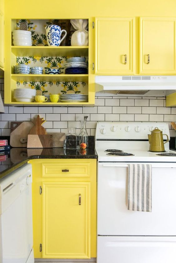 Line Open Shelves with Lemon-Patterned Wallpaper