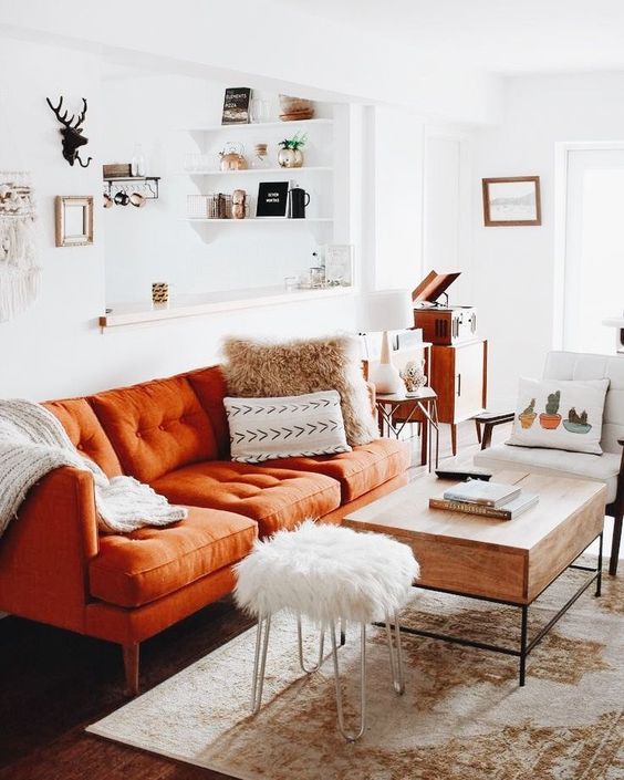 Contrast a Sofa with a Shaggy Ottoman