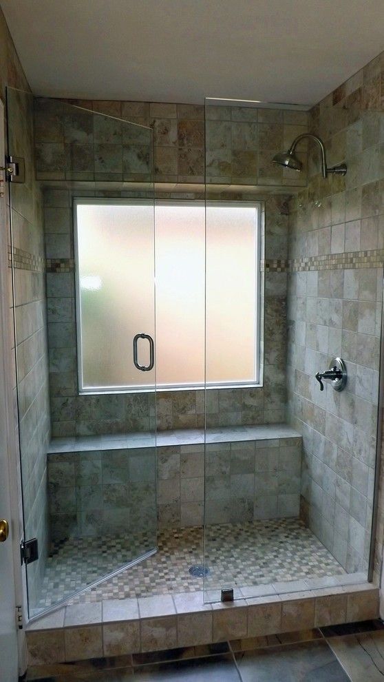 Built-in Shower Bench Adds a Spa-Like Seat Under a Frosted Window