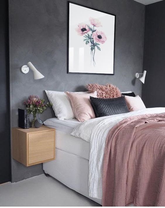 Floating Wood Nightstand Adds Warmth to Dark Walls