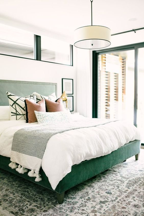 Deep Green Upholstered Bed Frame Adds a Bold Statement