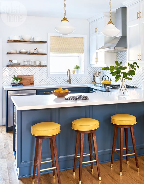 Yellow Stool Cushions Pop Against Navy Island