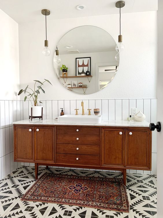 Dresser Vanity Grounds the Space with Warm Wood