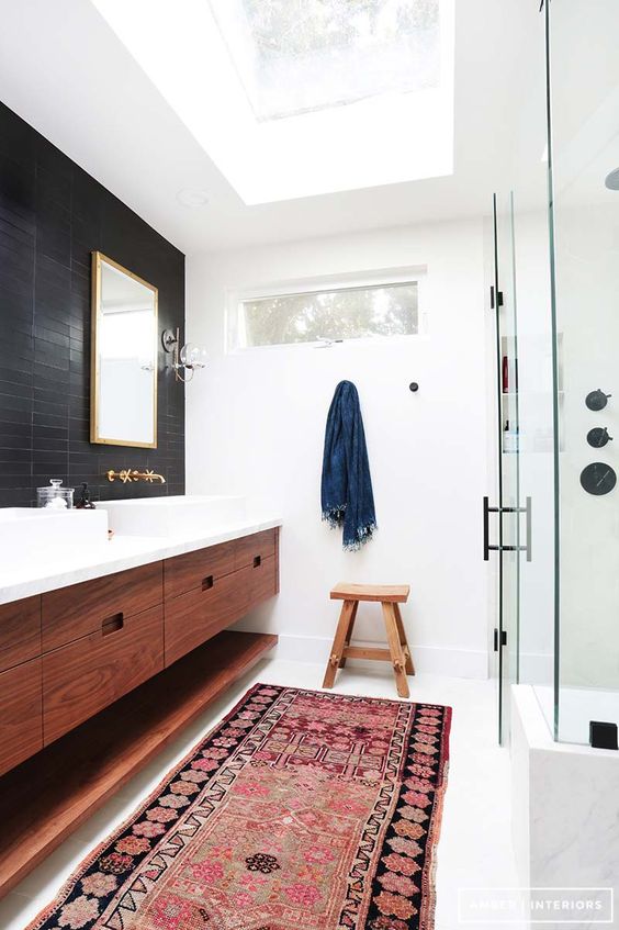 Wooden Stool Adds a Rustic Element to the Shower Area