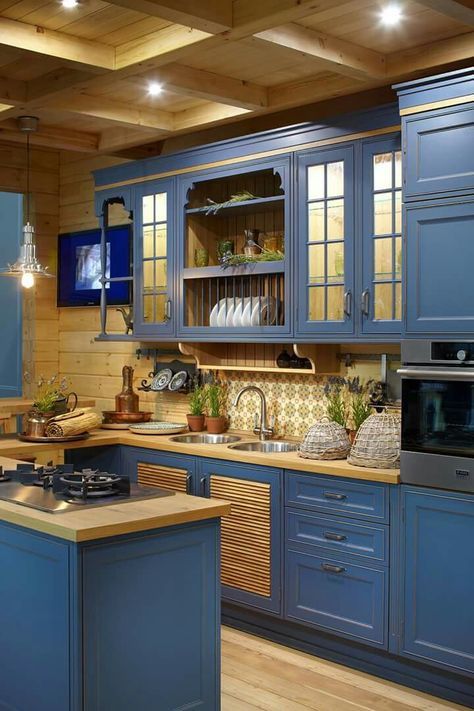 Blue Cabinets With Natural Wood Accents