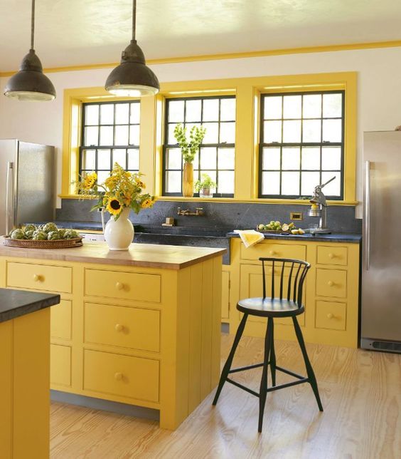 Yellow Shaker-Style Island with Drawer Pulls