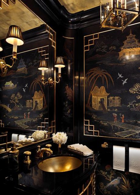 Chinoiserie Wallpaper Panels Frame a Dramatic Powder Room