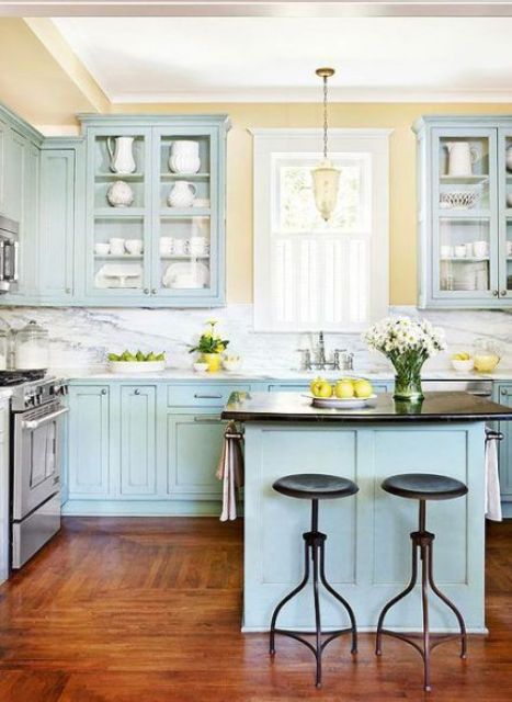 Pale Blue Island With Towel Hooks Adds Practicality