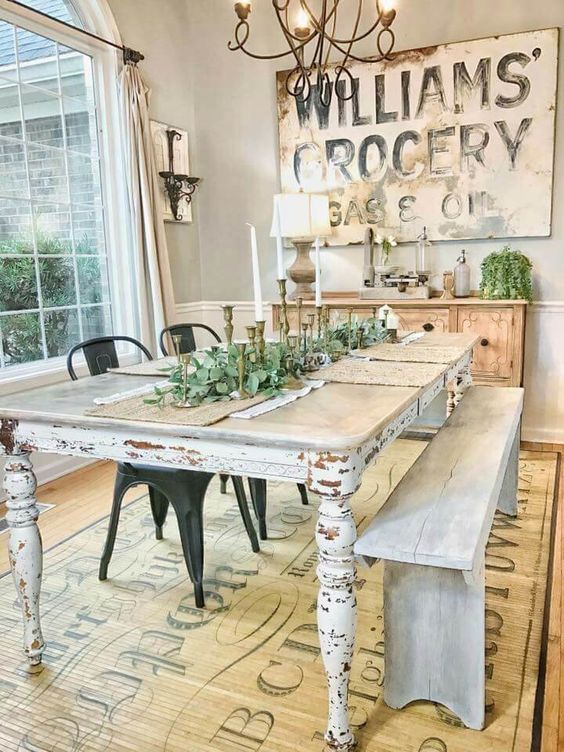 Offer Casual Seating with a Distressed Farmhouse Table and Bench