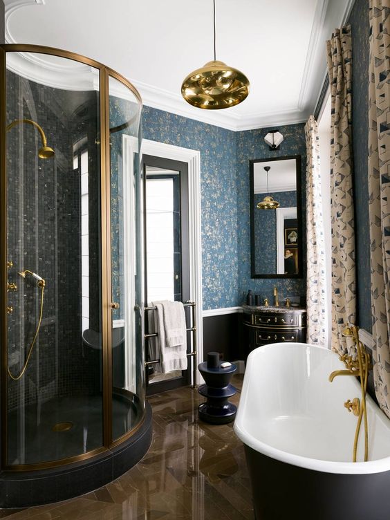 Blue and Gold Wallpaper Adds Patterned Depth to Walls