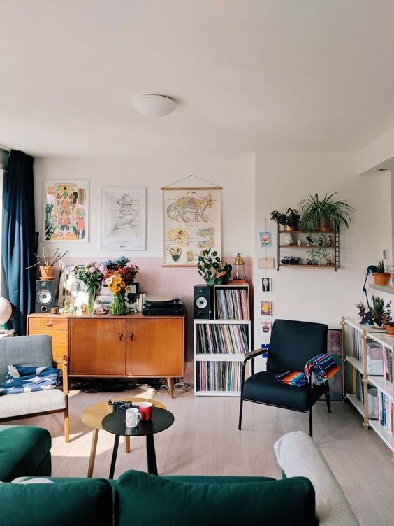 Mid-Century Credenza Displays Records and Flowers