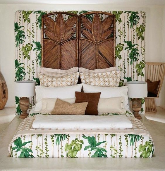 Rattan Headboard Panels Frame Botanical Wallpaper