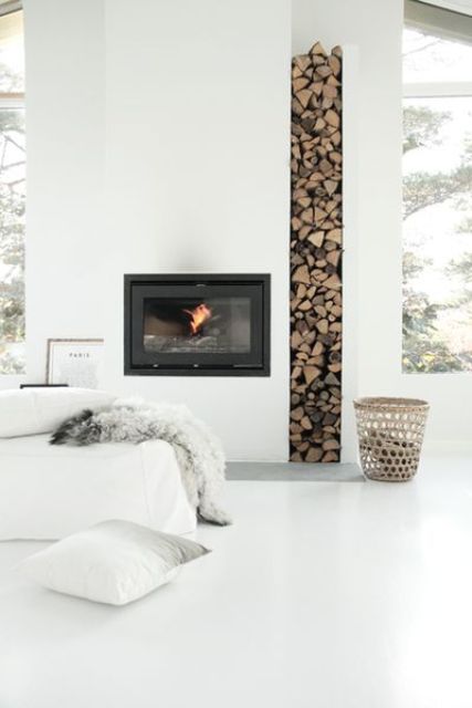 Incorporate Natural Texture with a Tall Wood Column by the Fireplace