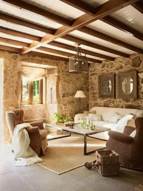 Square Mirrors Add Symmetry Above Stone Walls