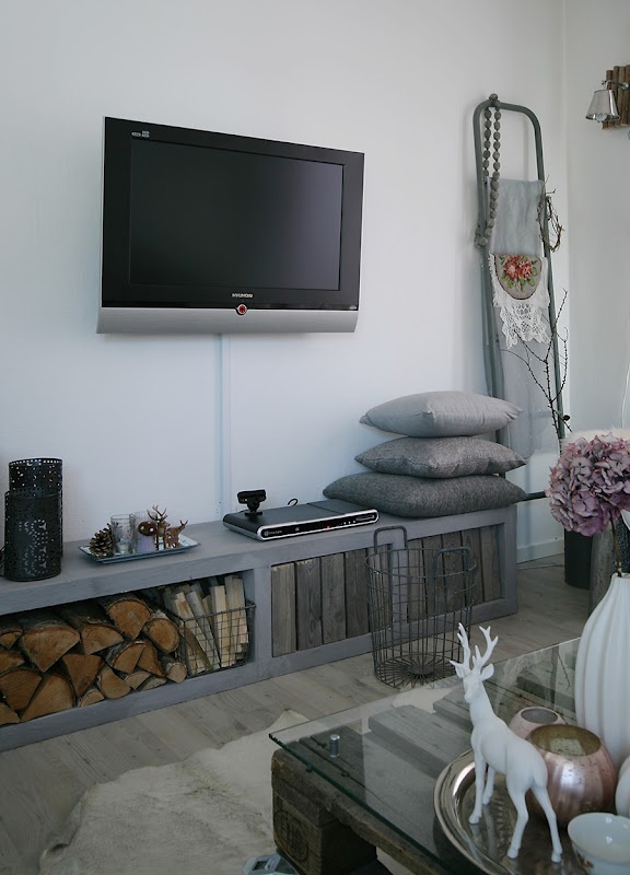 Grey Wood Cabinet With Rustic Slatted Doors for Firewood
