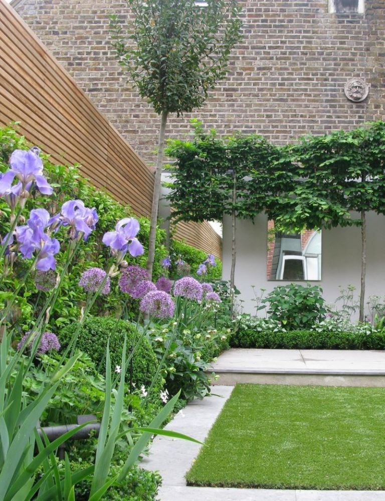 Layered Alliums and Irises Soften Modern Stone Paths