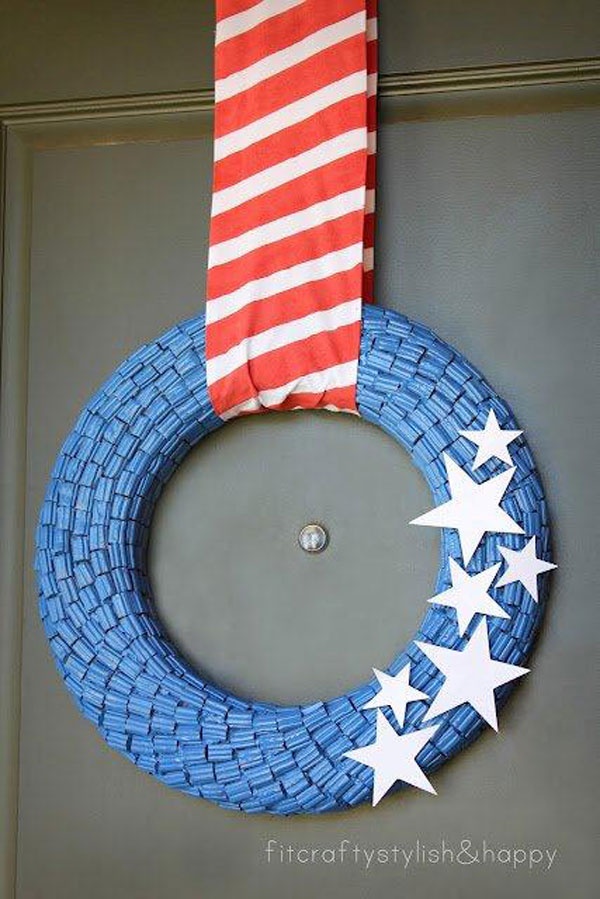 Blue Woven Wreath with Cascading Paper Stars