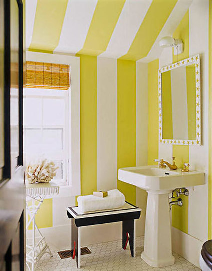 Striped Wallpaper and Ceiling Create an Immersive Yellow and White Pattern