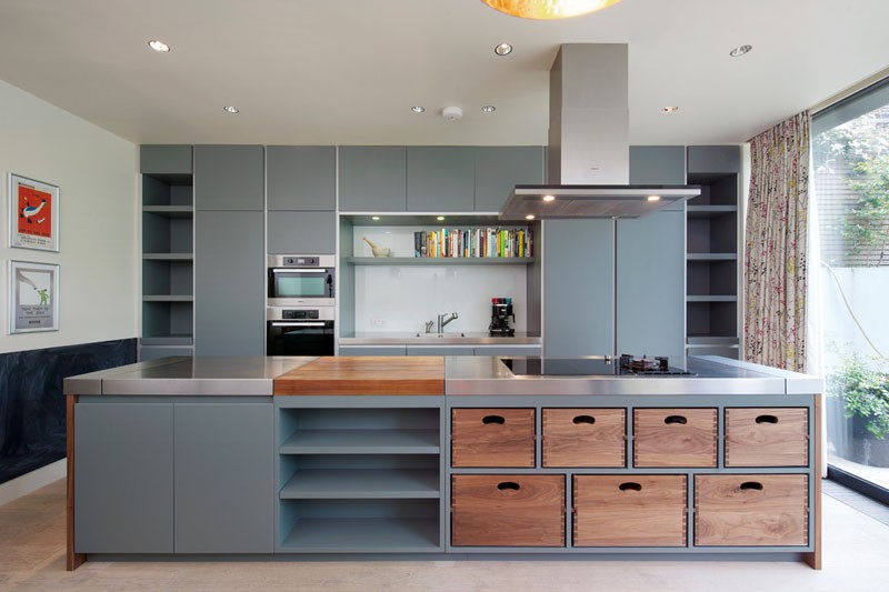 Wooden Crate Drawers Add Warmth to a Grey Kitchen Island