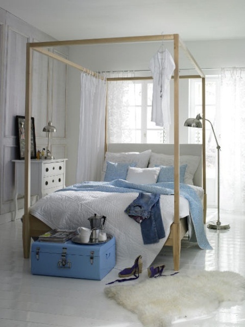 Light Blue Trunk Adds a Pop of Color Beside the Bed