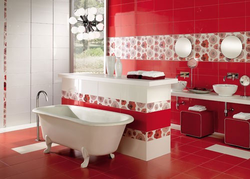 Red and White Floral Tile Bands Break Up Large Red Walls