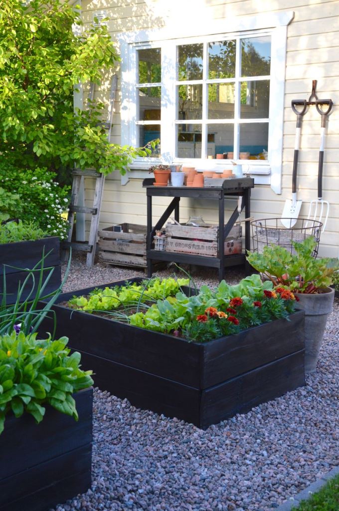 Layered Planting in Dark Wooden Beds