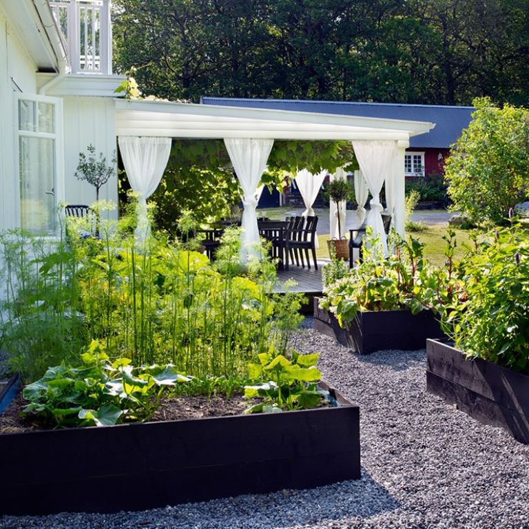 Deep Black Planters Define Gravel Paths Next to Patio