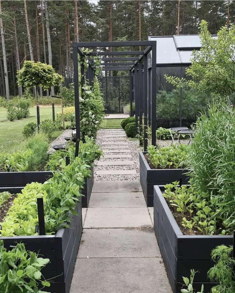Gravel Path to Greenhouse Framed by Dark Raised Beds
