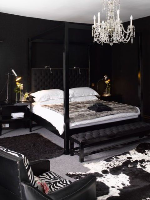 Tufted Black Headboard Anchors the Dark Bedroom