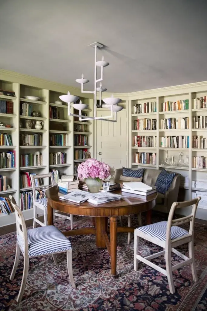 Round Wood Table With Striped Chairs Creates Cozy Reading Nook