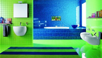 Striped Rug Anchors Bold Green and Blue Bathroom