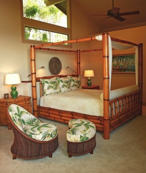 Curved Wicker Chairs With Tropical Leaf Cushions