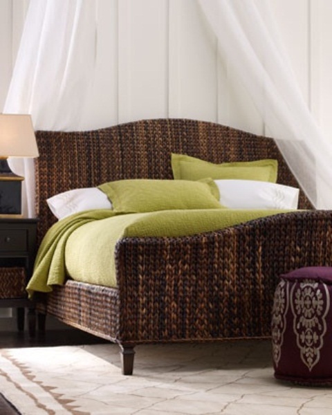 Woven Rattan Bed Frame With Canopy Draping