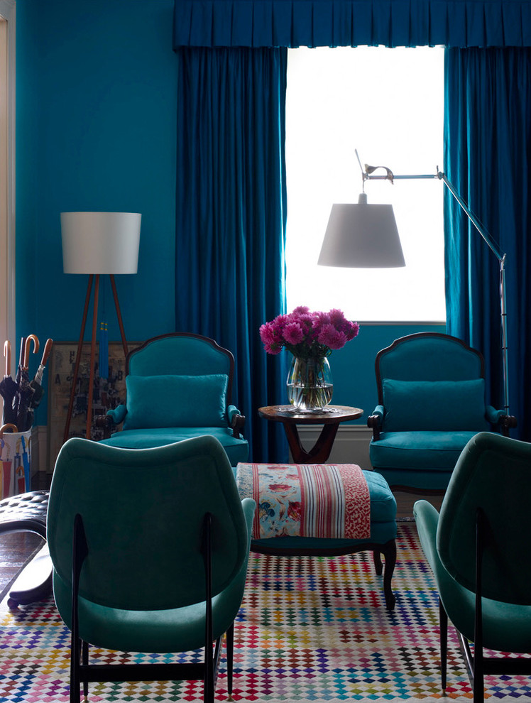 Patterned Ottoman Adds A Pop Of Color To Blue Seating