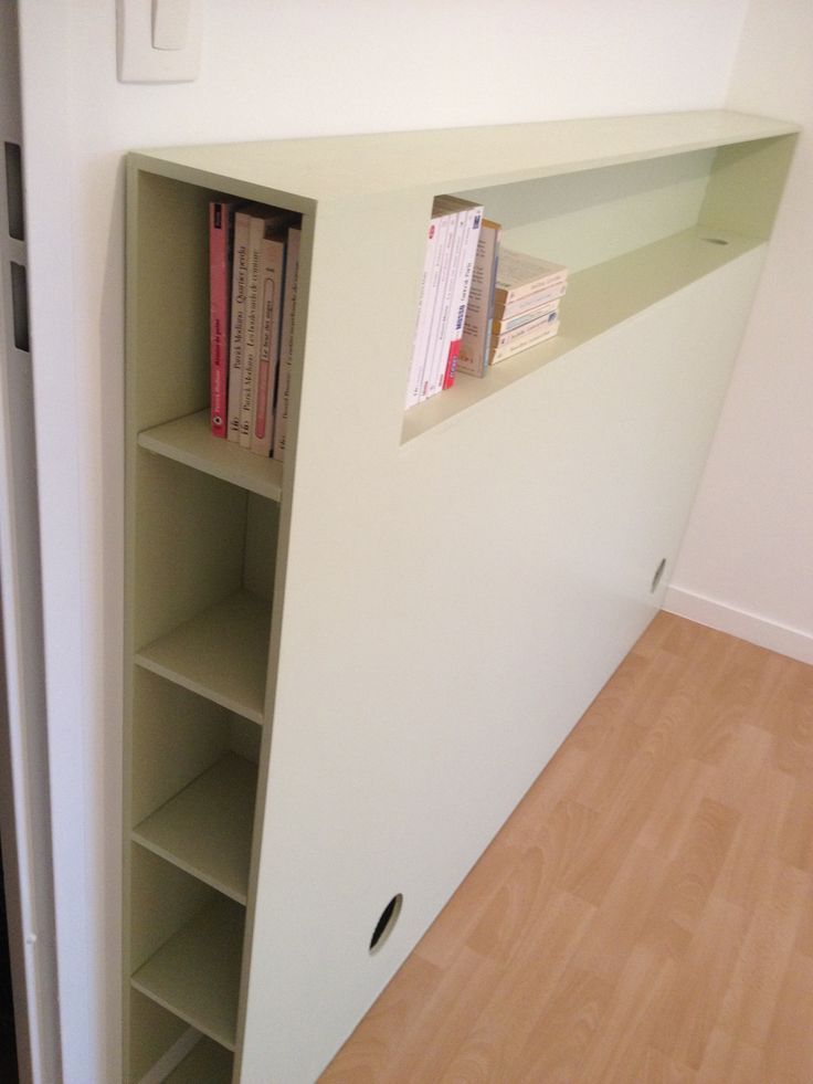 Pale Green Headboard With Angled Shelves for Books