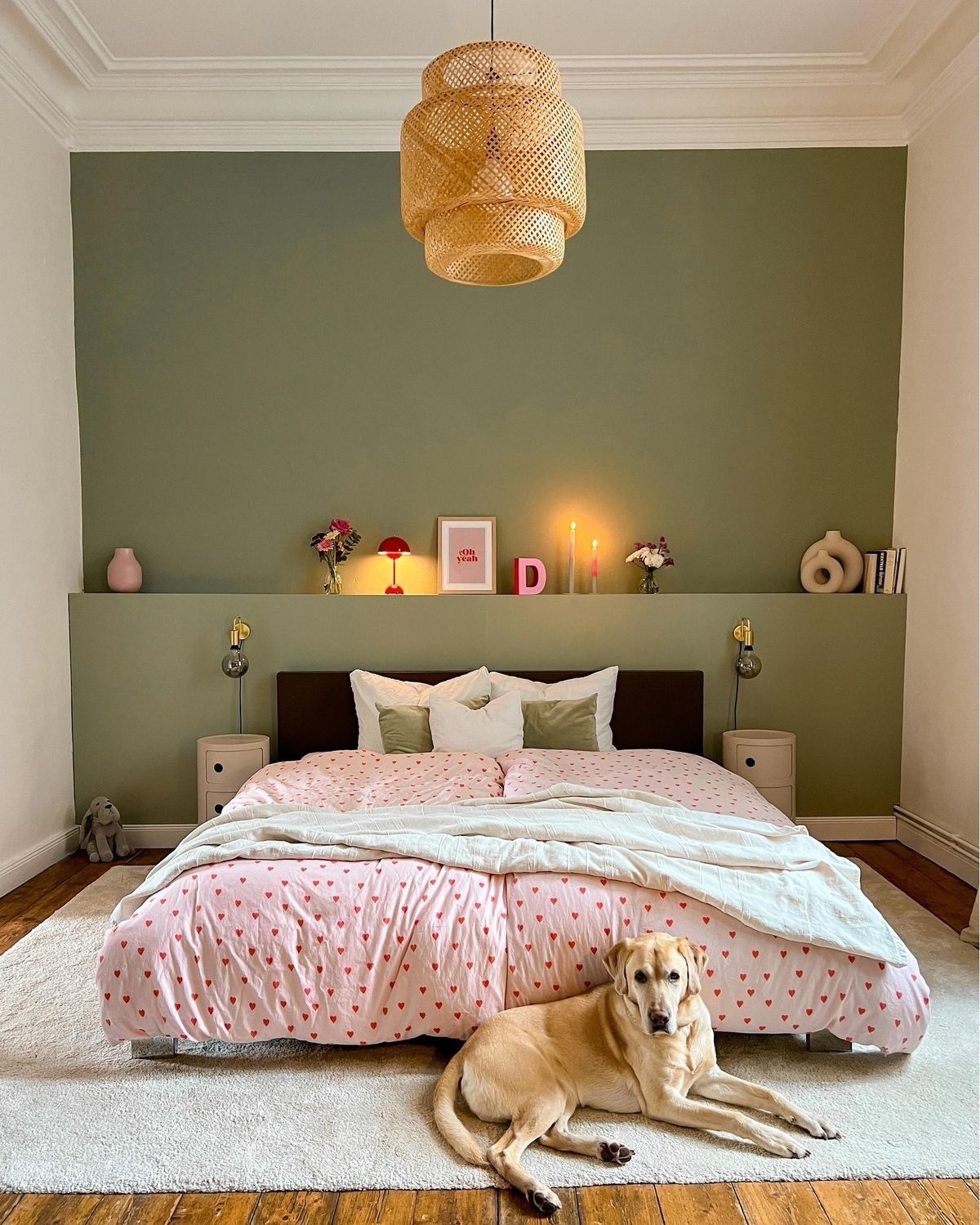 Woven Pendant Light Adds Natural Texture Above Bed