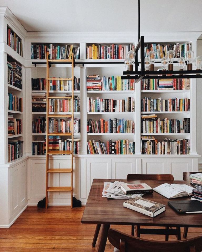 Wooden Ladder Grants Access to High Bookshelves