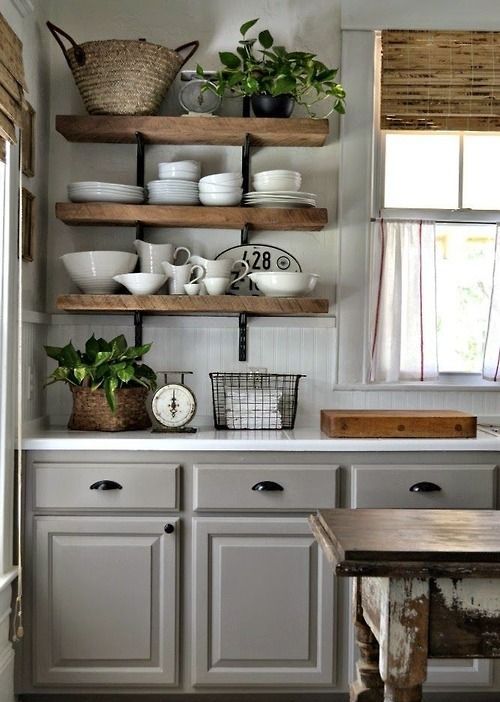 Rustic Open Shelves For Displaying Kitchenware and Baskets