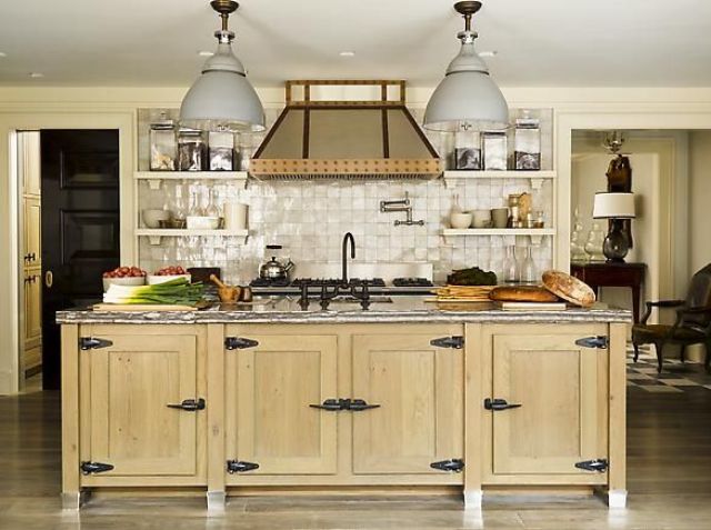 Light Wood Island With Black Hardware Creates Rustic Charm