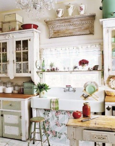 Distressed Wooden Shelf Holds Antique Teacups