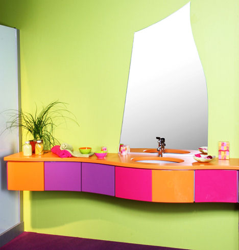 Floating Vanity With Colorful Drawer Fronts Adds Playful Storage