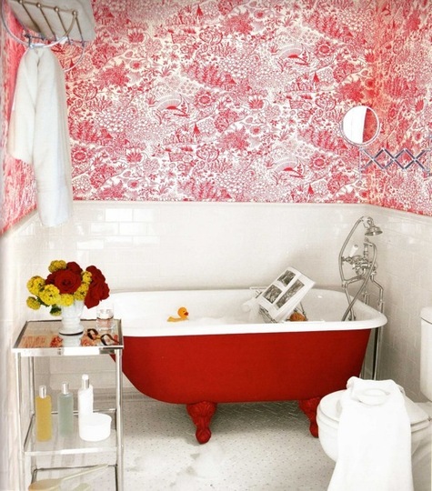 Red Clawfoot Tub Anchors Bold Floral Wallpaper